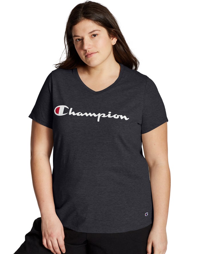 Champion Dame T-Shirts Sort - Plus Jersey V-Neck Script Logo - Danmark SIJ-841526